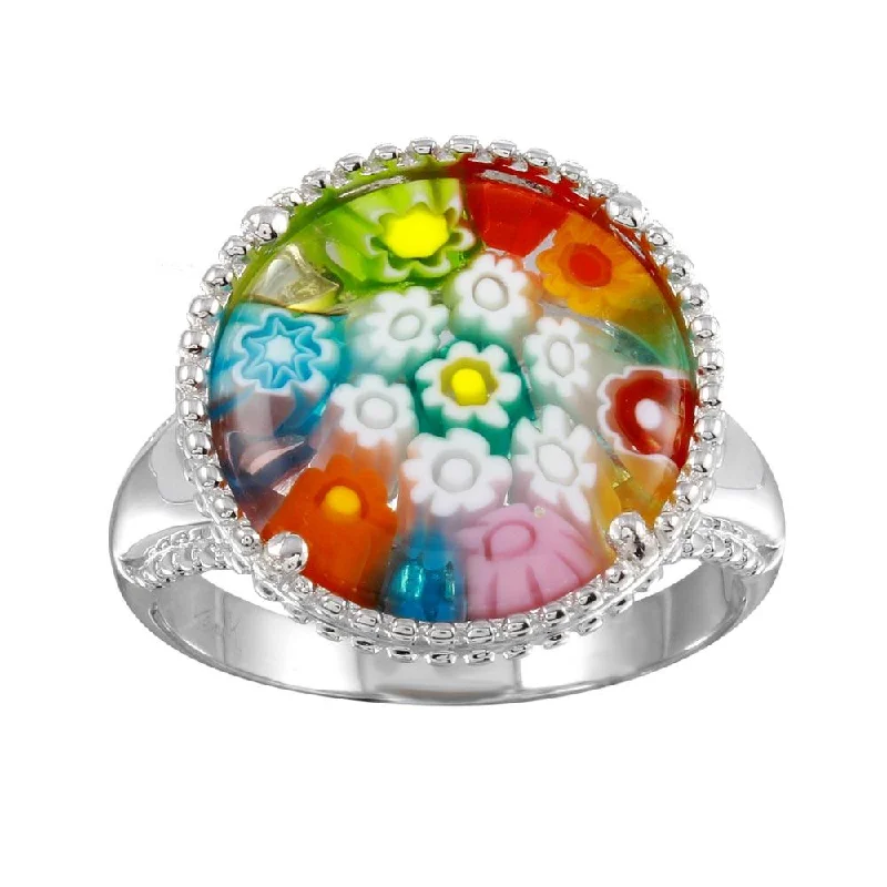 Gemstone Engagement Rings-Rhodium Plated 925 Sterling Silver Murano Glass Beaded Design Ring - MR00002