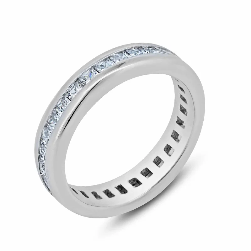 Vintage Style Diamond Rings-Silver 925 Rhodium Plated Channel Set Clear Square CZ Eternity Ring - BGR00055