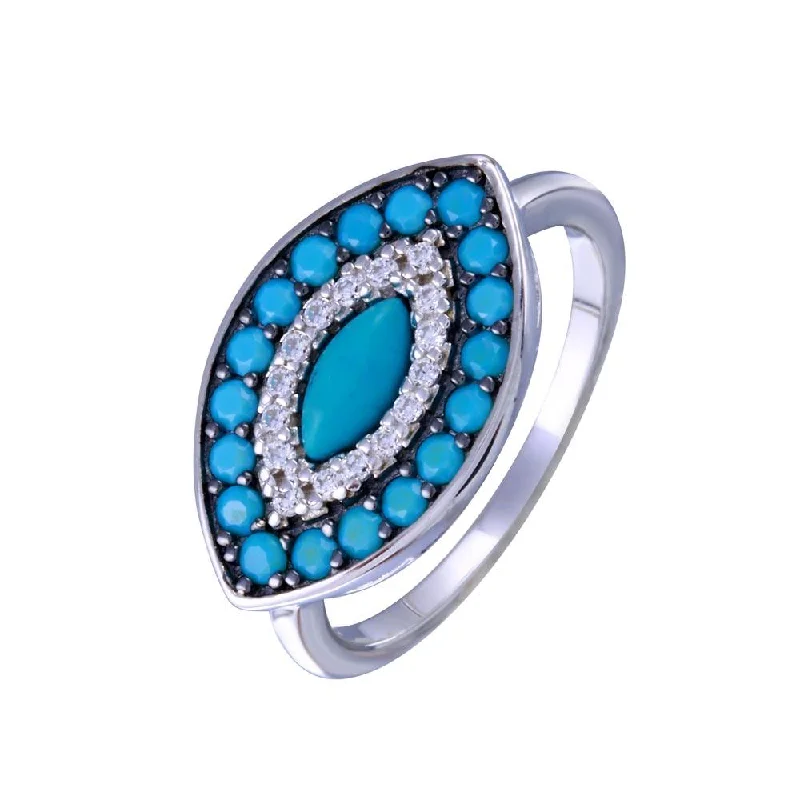 Customizable Wedding Rings-Rhodium Plated 925 Sterling Silver Turquoise Clear CZ Evil Eye Ring - BGR01338RHD