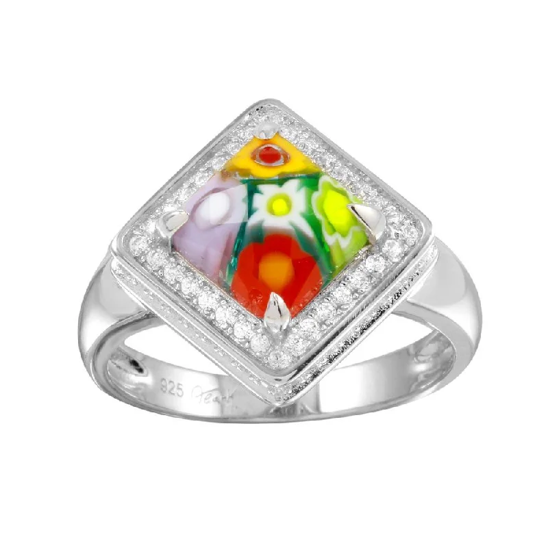 Handcrafted Gold Rings-Rhodium Plated 925 Sterling Silver Square Halo CZ Murano Glass Ring - MR00009