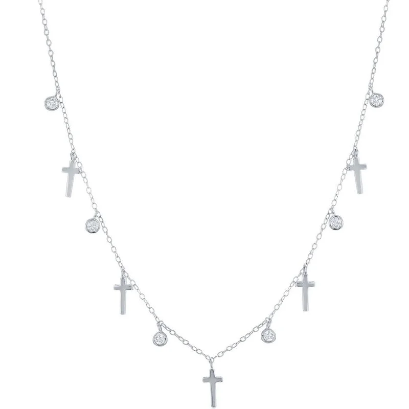 Modern Gemstone Necklaces-Classic Women's Necklace - Sterling Silver Alternating Cross and Bezel-Set CZ | M-6802