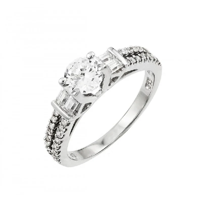 Luxury Silver Rings-Silver 925 Rhodium Plated Clear Round and Baguette CZ Ring - STR00998