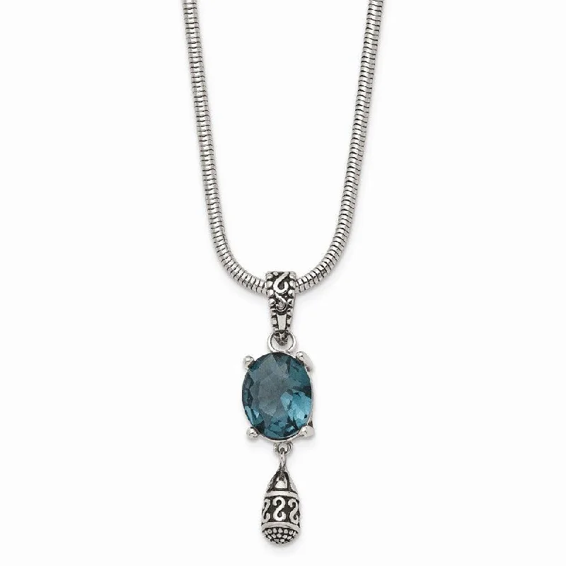 Fashionable Crystal Pendant Necklaces-Stainless Steel Polished/Antiqued Blue Glass w/2 in ext. Necklace