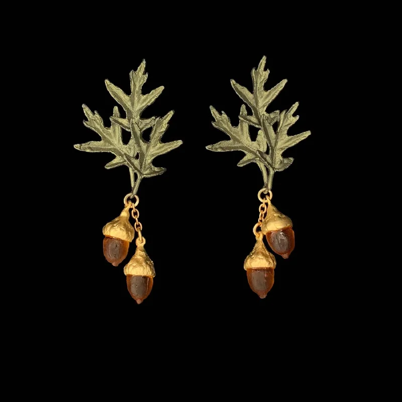 Gold Dangle Earrings-Pin Oak Earrings - Double Drop Post