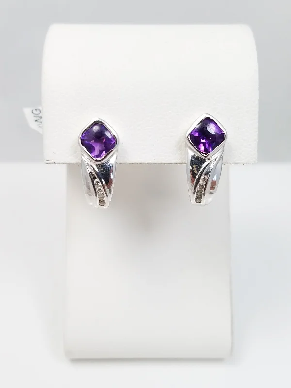 Affordable Gold Earrings-New from Store Closing! 14k White Gold Natural Amethyst + Diamond Huggie Earrings