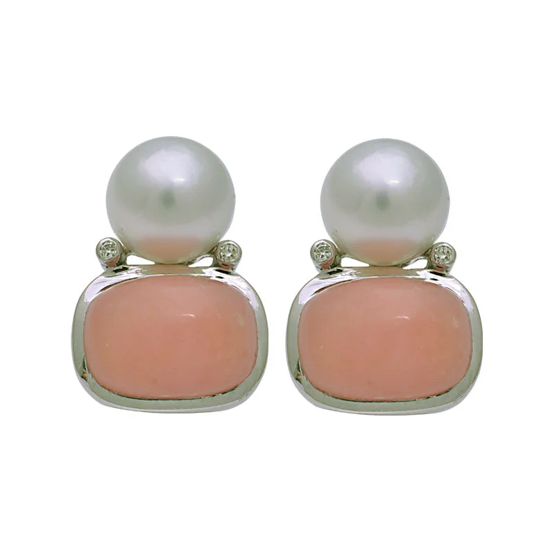 Silver Diamond Earrings-Earrings-South Sea Pearl, Pink Opal and Diamond