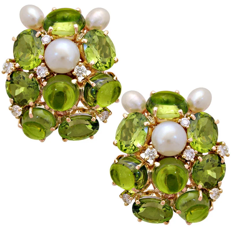 Fashionable Ear Cuffs-Earrings-Peridot, Pearl and Diamond