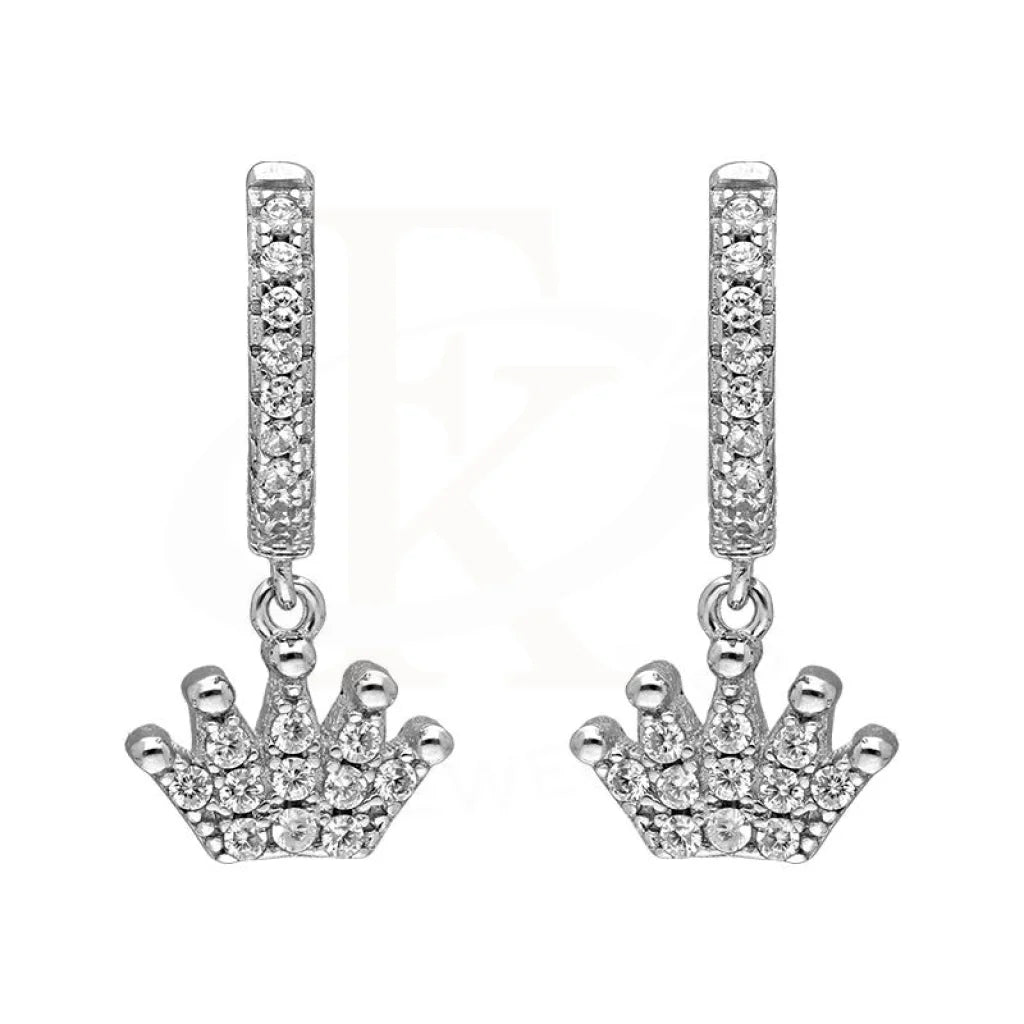 Round Silver Earrings-Sterling Silver 925 Crown Shaped Drop Earrings - FKJERNSL2482