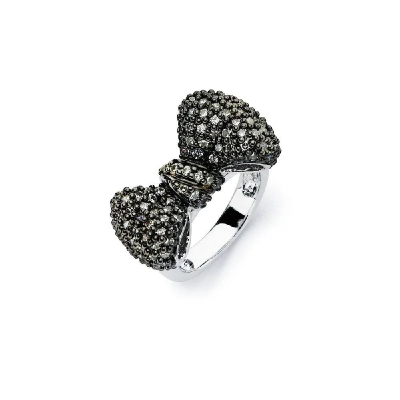 Bridal Rings-Silver 925 Rhodium and Black Rhodium Plated 2 Toned Black Micro Pave Set CZ Bow Ring - BGR00579