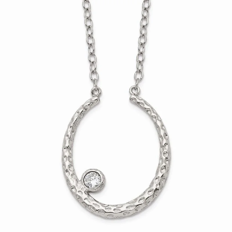 Custom Diamond Necklaces-Stainless Steel Polished and Textured CZ w/2in ext. Necklace