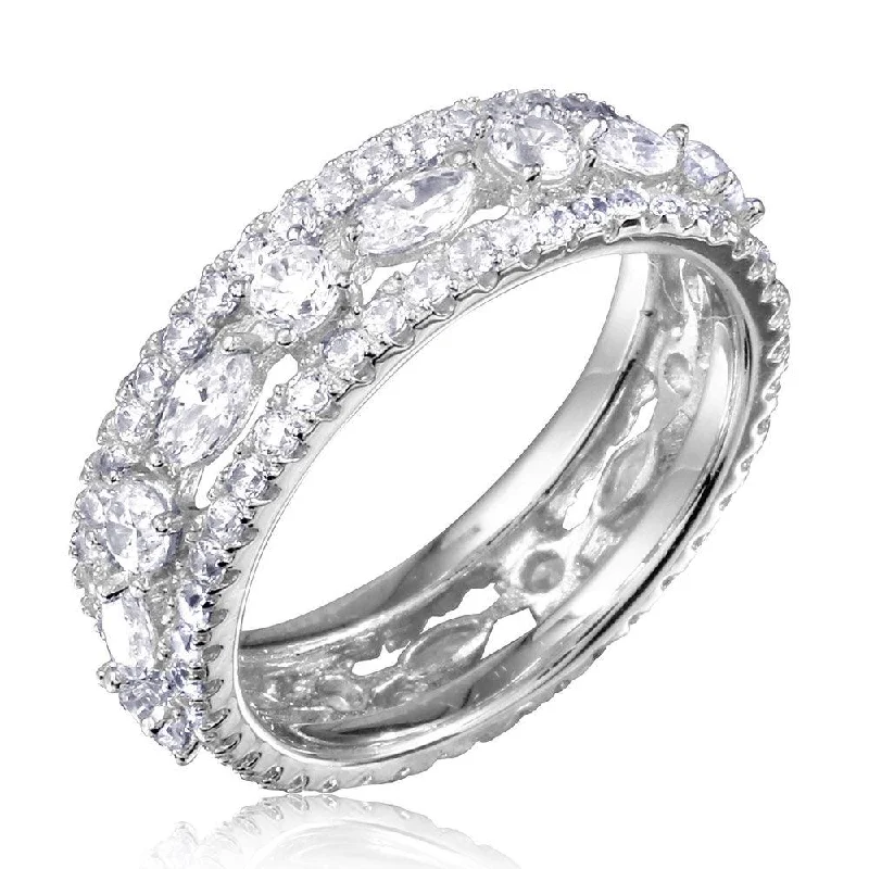 Matching Gold Wedding Rings-Silver 925 Rhodium Plated Band Encrusted with CZ Stones - GMR00133W