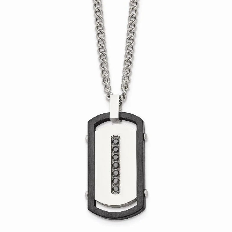 Trendy Necklaces for Women-Stainless Steel Brushed/Polished Black IP Rim Black CZ Tag Necklace