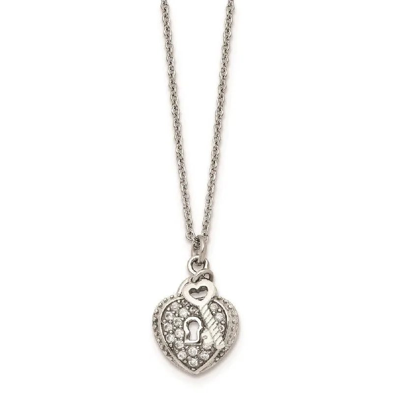 Fashionable Long Pendant Necklaces-Stainless Steel CZ Heart Lock and Key Pendant Necklace