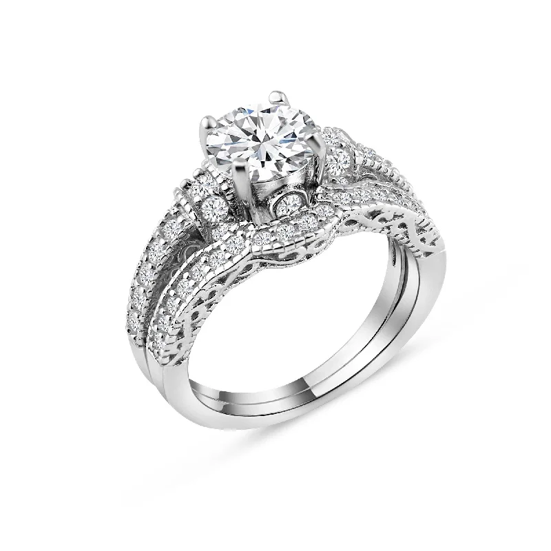 Bridal Engagement Ring Sets-Silver 925 Rhodium Plated Pave Round Center Clear CZ Engagement Ring Set - ACR00024