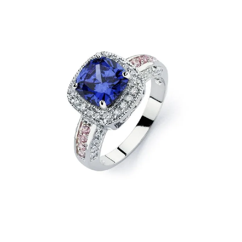 Beautiful Diamond Rings-Silver 925 Rhodium Plated Blue Square Center and Clear Cluster CZ Bridal Ring - BGR00746