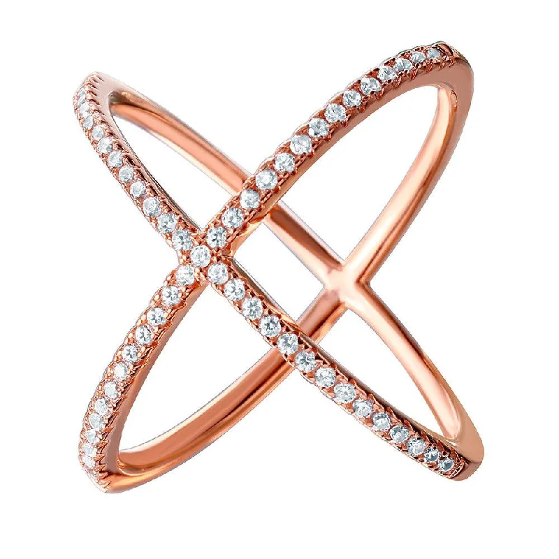 Birthstone Rings for Women-Silver 925 Nickel Free Rose Gold Plated 4 Way CZ Cross Ring - GMR00039RGP