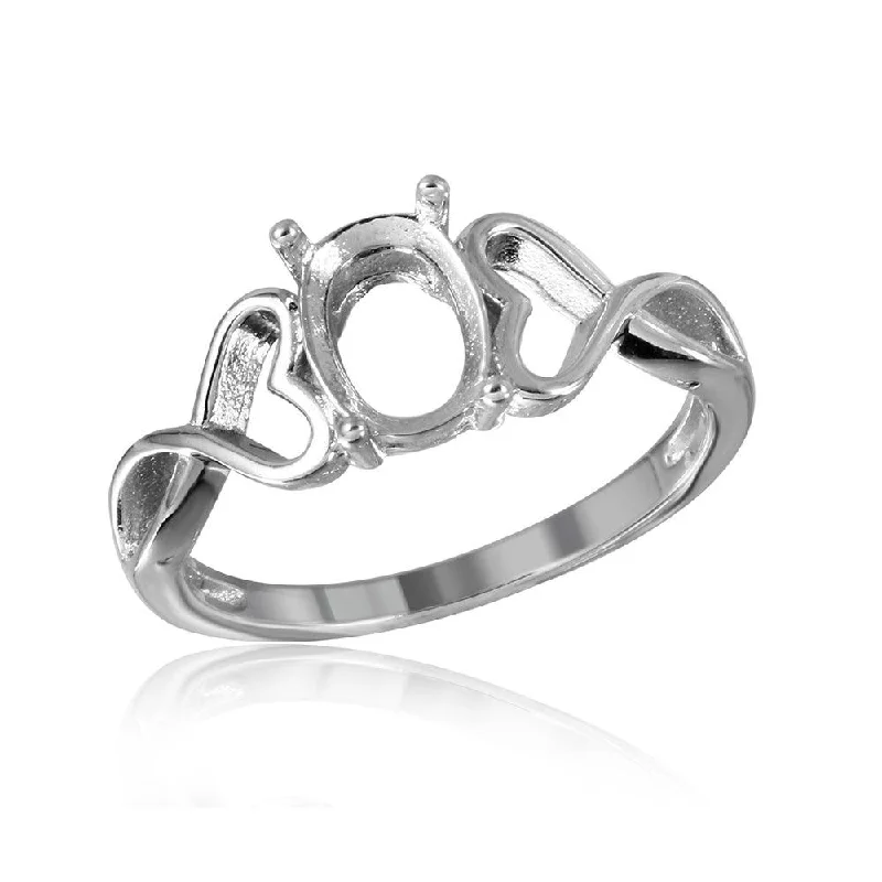 High-End Wedding Bands-Silver 925 Rhodium Plated Open Heart Shank Single Stone Mounting Ring - BGR00934