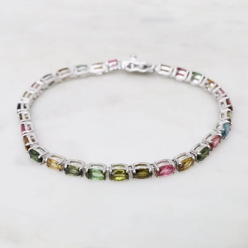 Silver Cuff Bracelets with Gemstones-Oval Mixed Tourmaline Tennis Bracelet