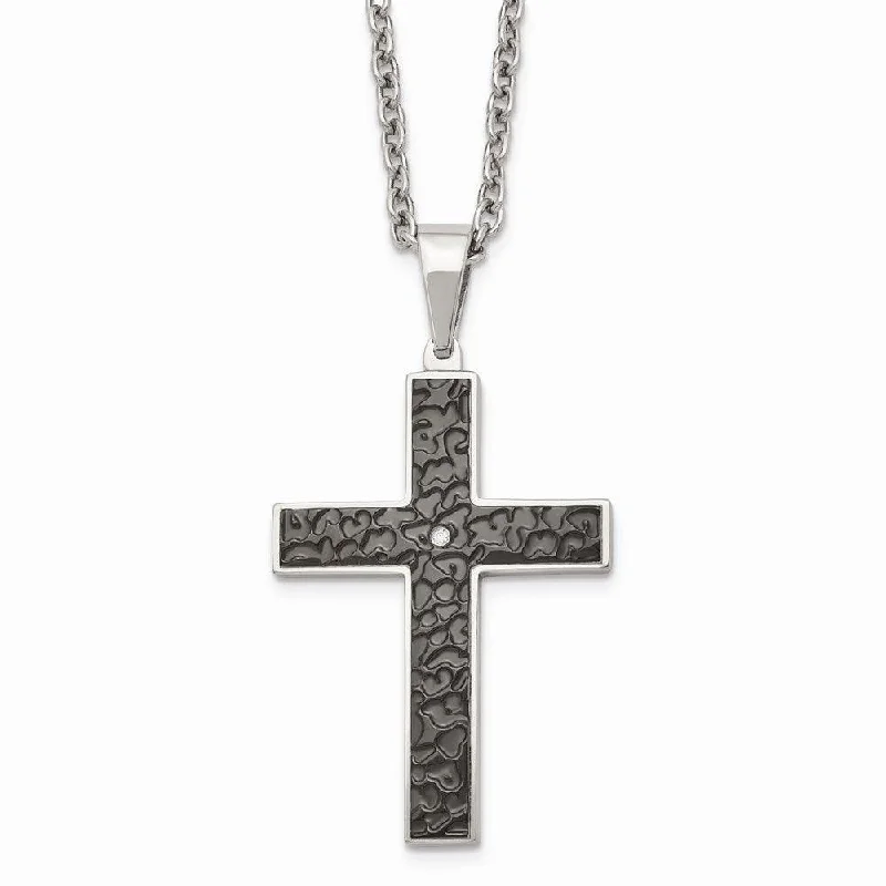 Customizable Gold Choker Necklaces-Stainless Steel Polished Black IP Textured CZ Cross Necklace