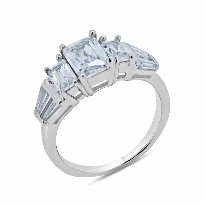 Simple Wedding Bands-Rhodium Plated 925 Sterling Silver Clear Baguette Rectangular CZ Bridal Ring - BGR00066