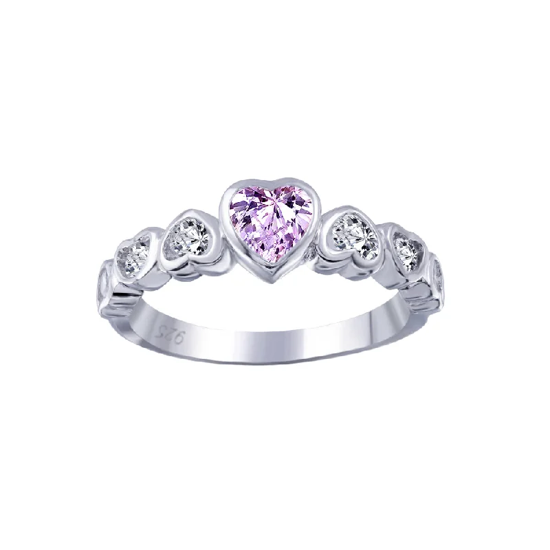 Dainty Gemstone Rings-Silver 925 Rhodium Plated Pink Center CZ Heart Ring - BGR00014P