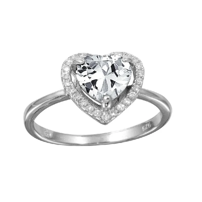 Trendy Rings for Men-Rhodium Plated 925 Sterling Silver Clear Halo Heart Ring - BGR01139CLR