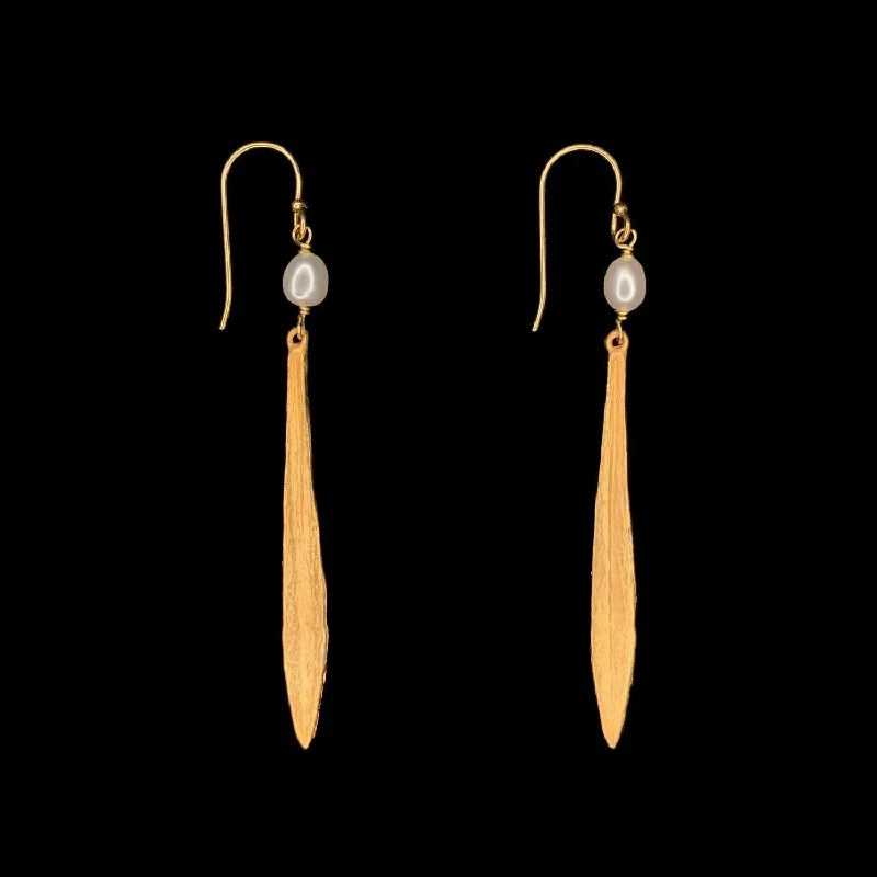 Modern Earrings for Women-Leaf and Bud Earrings - Long Pearl Drop Wire