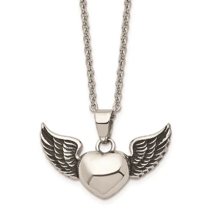 Beautiful Heart Pendant Necklaces-Stainless Steel Antiqued and Polished Heart with Wings Necklace