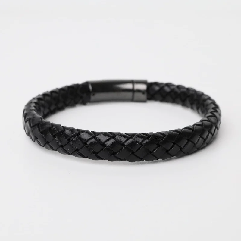 Beautiful Custom Charm Bracelets-Larger UniSex Size Hand Braided Black Leather Bracelet