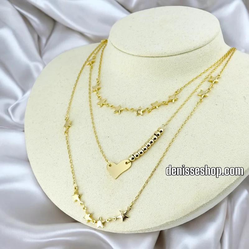 Trendy Silver Chain Necklaces-14K GOLD / TINY STARS HEART NECKLACE  N62