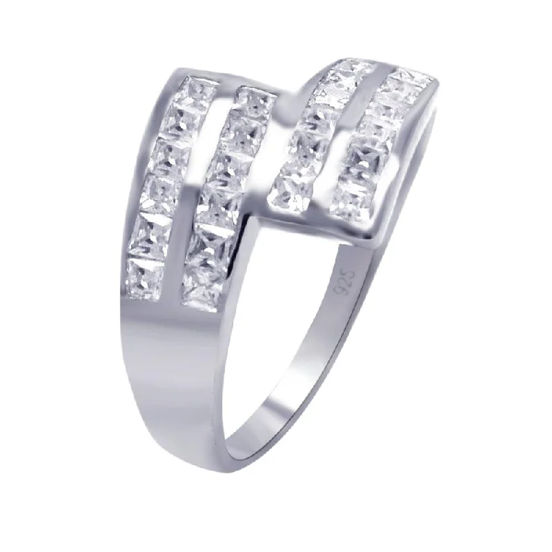 Modern Engagement Rings-Silver 925 Rhodium Plated Clear Square CZ Ribbon Ring - AAR0045