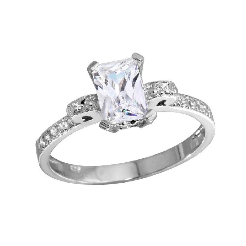 Unique Gemstone Engagement Rings-Rhodium Plated 925 Sterling Silver Rectangle Center CZ Stone Ring - GSR00005