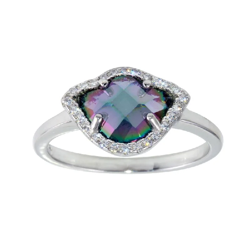 Affordable Diamond Rings-Rhodium Plated 925 Sterling Silver Oval Synthetic Mystic Topaz CZ Ring - BGR01247