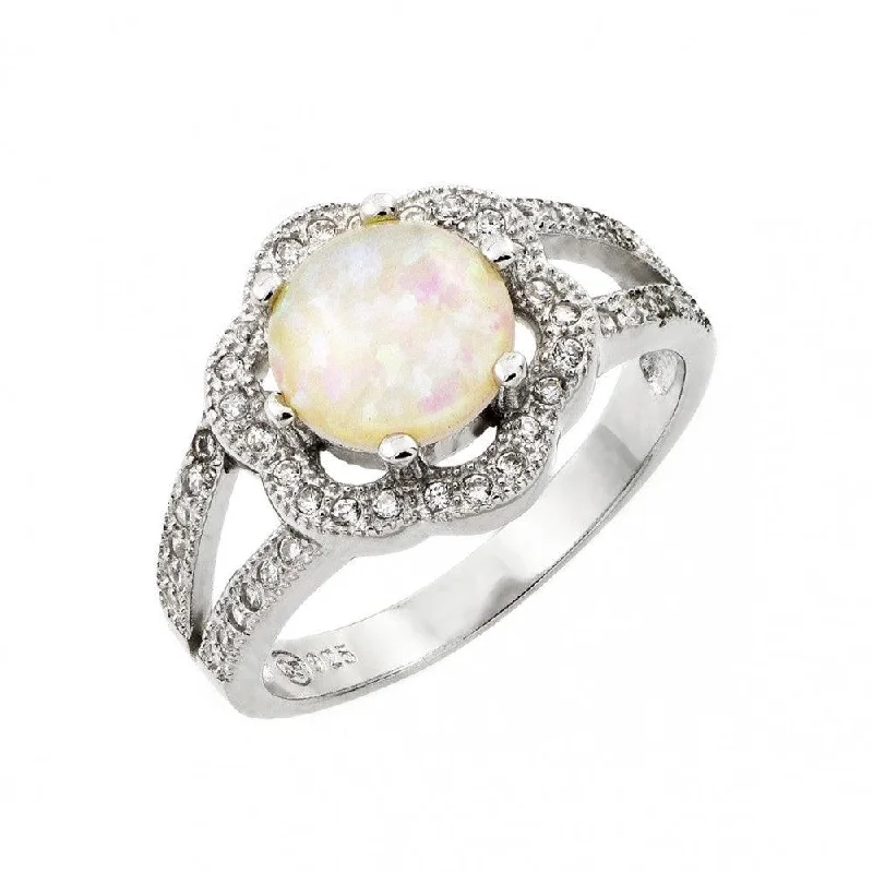 Simple Wedding Bands-Silver 925 Rhodium Plated White Opal Center Clear Cluster CZ Flower Ring - STR00992