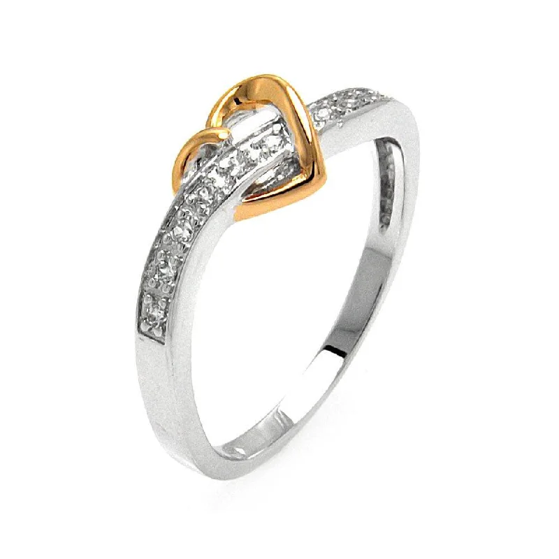 Custom Gold Rings-Silver 925 Rhodium and Gold Plated 2 Toned Clear Pave Set CZ Heart Ring - BGR00577