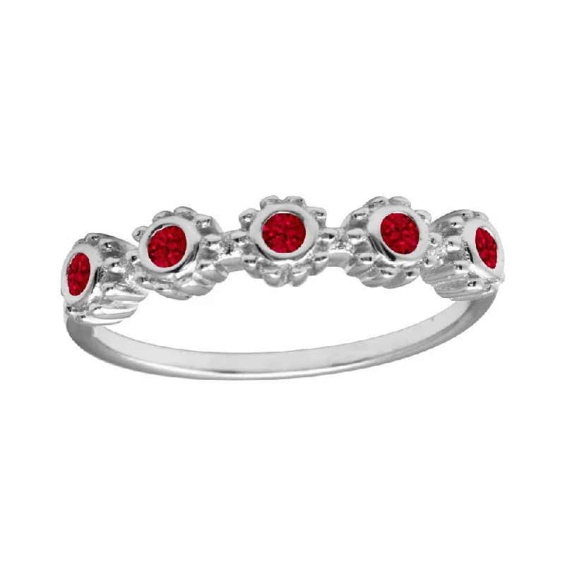 Unique Diamond Wedding Bands-Rhodium Plated 925 Sterling Silver 5 Flower Red CZ Ring - BGR01224RED