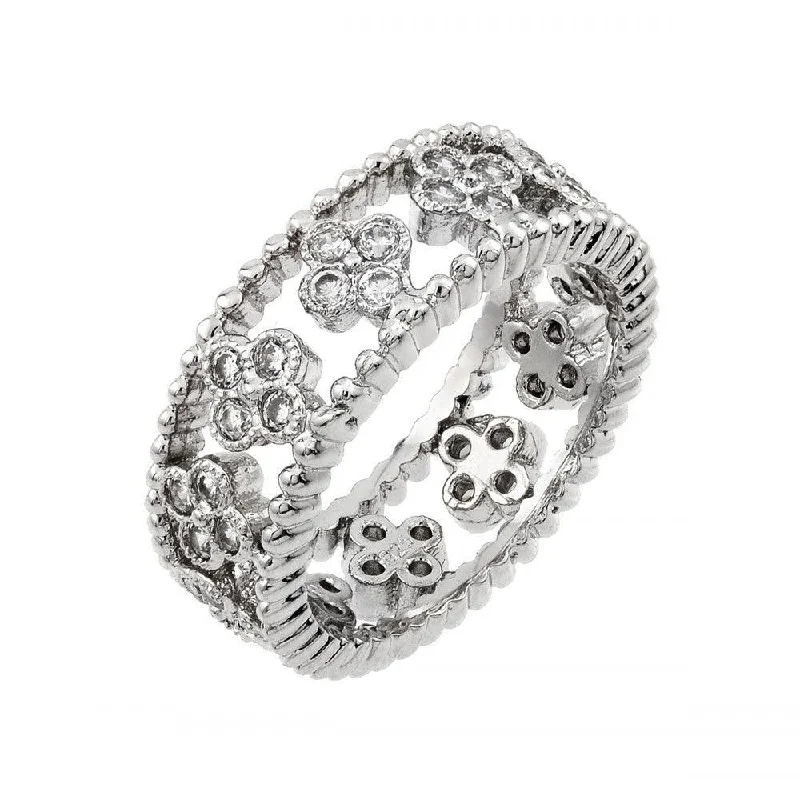 Unique Diamond Wedding Bands-Silver 925 Rhodium Plated Eternity Rope 4 CZ Cluster Ring - BGR00893