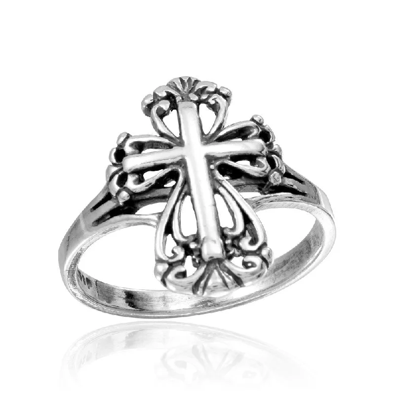 Modern Gold Wedding Bands-Rhodium Plated 925 Sterling Silver Cross Ring - CR00740