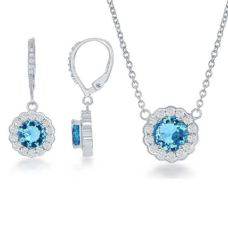 Long Crystal Necklaces-Sterling Silver March Birthstone CZ Necklace and Earrings Set