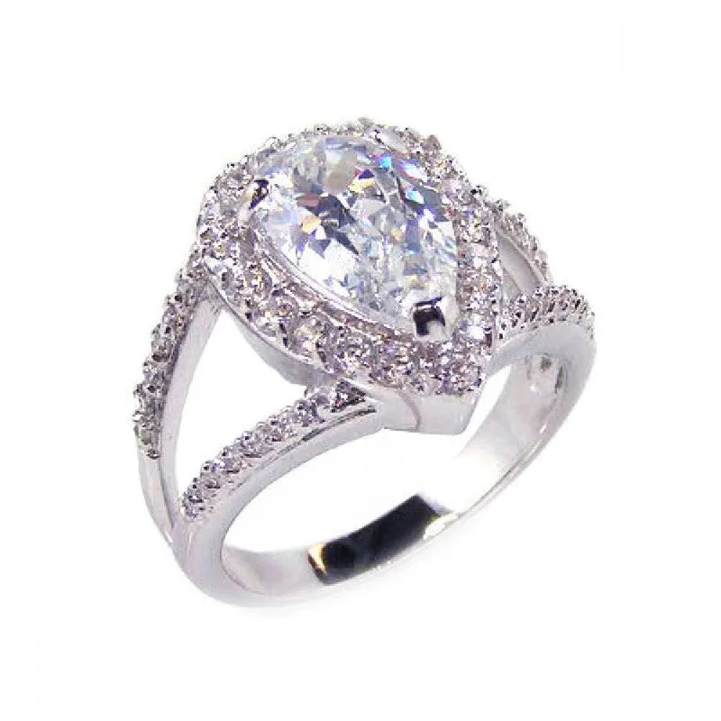 Dainty Gold Rings-Silver 925 Rhodium Plated Clear Tear Shape CZ Bridal Antique Ring - BGR00084