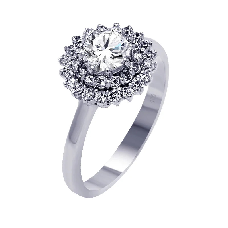 Simple Gold Wedding Bands-Silver 925 Rhodium Plated Clear Round CZ Bridal Flower Ring - BGR00368