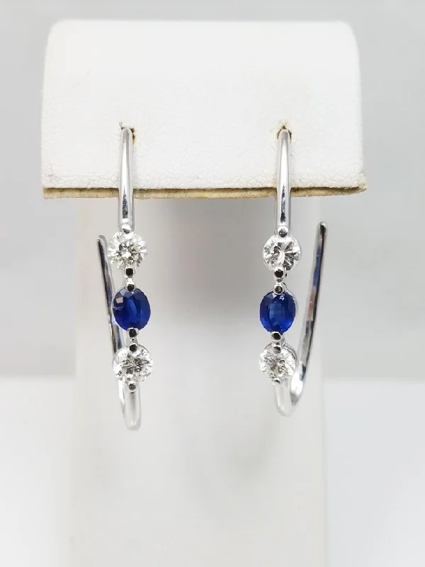 Unique Wedding Stud Earrings-Elegant Long 14k White Gold Natural Sapphire Diamond Dangle Earrings