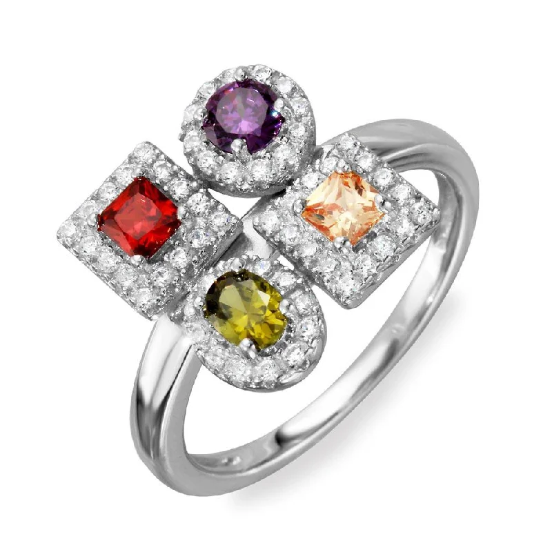 Unique Engagement Rings-Rhodium Plated 925 Sterling Silver Multi Color 4 Design Ring - BGR01101