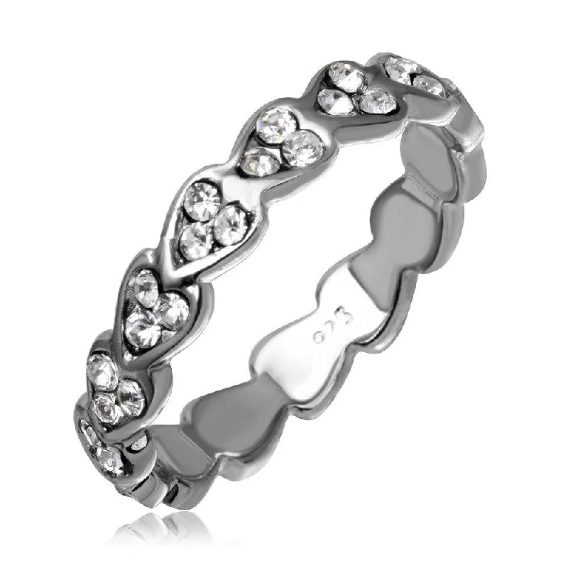 Statement Gemstone Rings-Silver 925  Rhodium Plated Mini Heart Shaped Eternity Ring with CZ - AAR0008