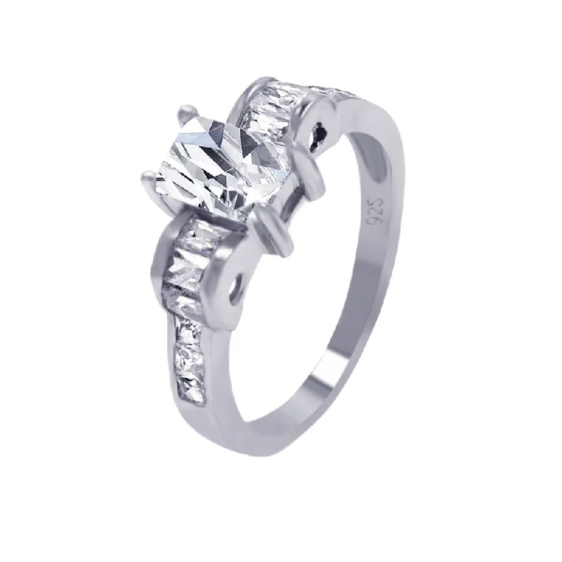 Simple Silver Rings-Silver 925 Rhodium Plated Rectangular Center Clear CZ Engagement Ring - AAR0005