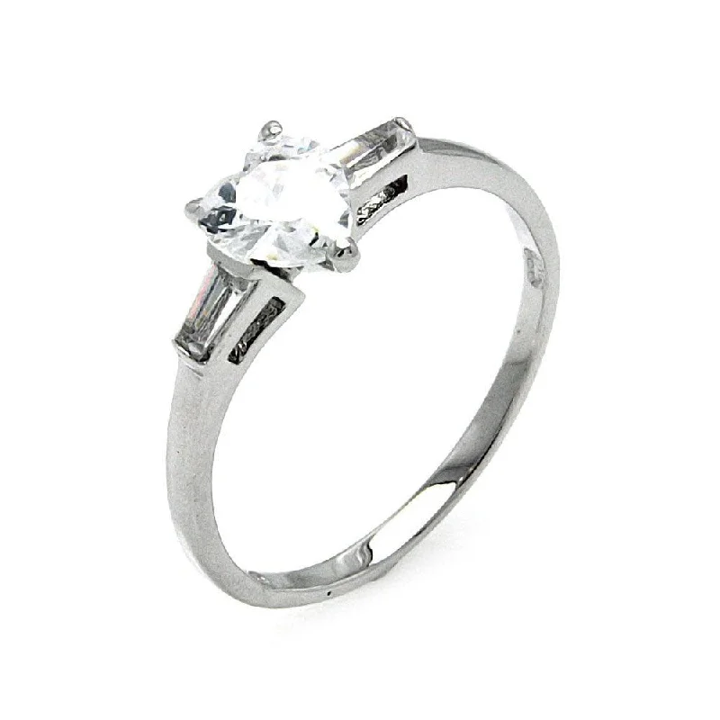 Silver and Gold Rings-Silver 925 Rhodium Plated Clear Heart and Baguette Sides CZ Ring - BGR00477