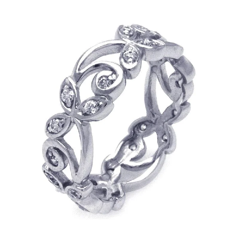 Trendy Silver Rings-Silver 925 Rhodium Plated CZ Flower Eternity Ring - STR00786