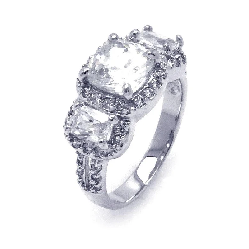 Trendy Engagement Rings-Silver 925 Rhodium Plated Clear Square Cluster CZ Past Present Future Ring - BGR00252