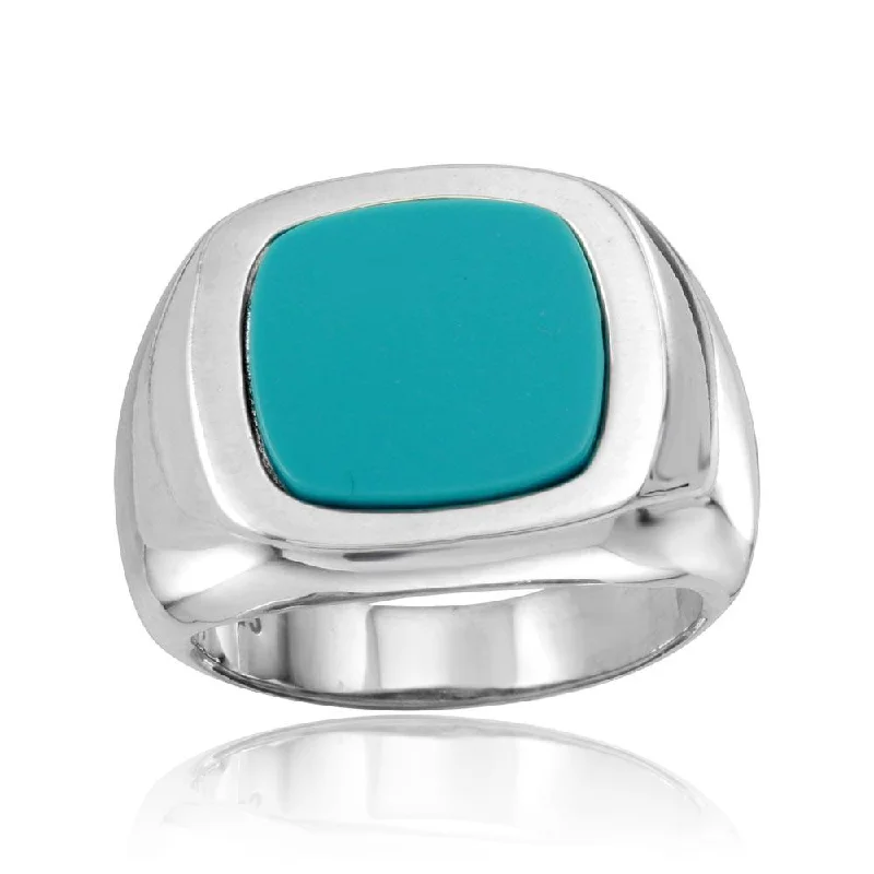 Trendy Wedding Bands-High Polished 925 Sterling Silver Square Dome Ring with Flat Turquoise Stone - CR00802