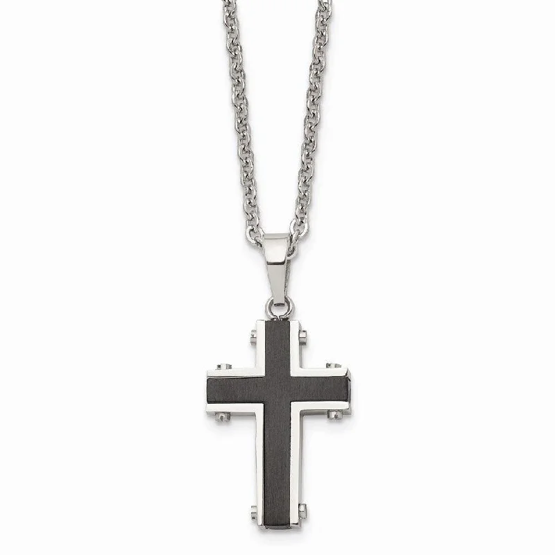 Heart-Shaped Diamond Necklaces-Stainless Steel Polished Black IP-plated Cross Necklace